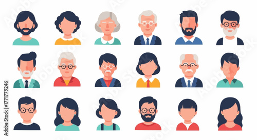 Diverse collection of illustrated human faces representing various ages and styles for design.