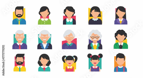 Diverse collection of flat design avatar icons representing various ages and genders.