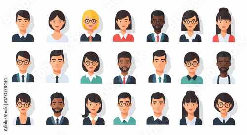 Diverse group of business people avatars representing various professions and ethnicities.