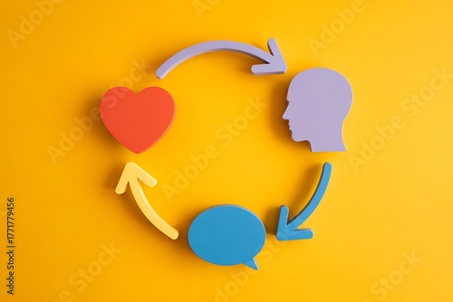 Circular flow of heart, mind, speech bubble and head silhouette with arrows on yellow background, illustrating communication, empathy, understanding and emotional intelligence