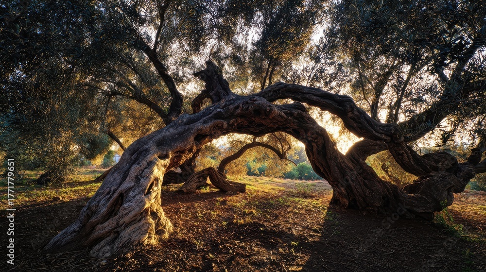 Fototapeta premium bark. Ancient olive tree with twisted, powerful branches under the golden light of sunset, deep shadows. inspiring travel planning, gardening catalogs, designed for gardening and botanical catalogs.