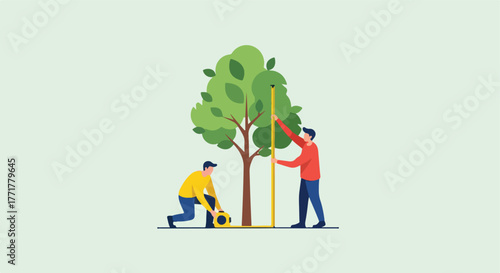 Arborists measuring a tree's height and girth