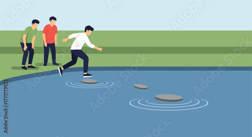 Man stepping stones with friends watching