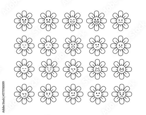 Cute Flower Emoticons Set Happy, Sad, Angry, Surprised Faces - Vector Icons