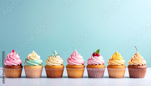 ラフルなカップケーキの整列 シンプルで美しいスイーツの世界