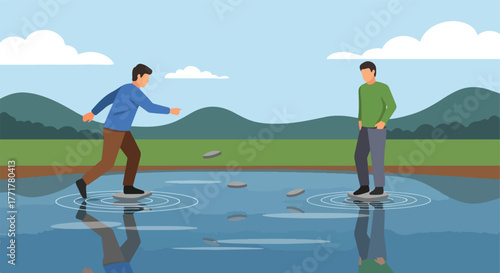 Two men on stepping stones over water. One throws a rock