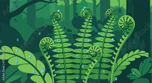 Green ferns in a forest with raindrops