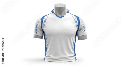 White athletic jersey with blue piping along shoulders and sides on a torso's mannequin on a display