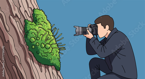 Photographer capturing detail of moss on tree