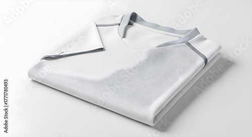 Folded white polo shirt with pale gray seams lies flat on a light surface, pristine and neat. crisp