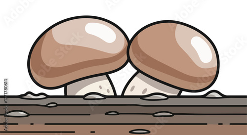 Cartoon image of two mushrooms growing on a log