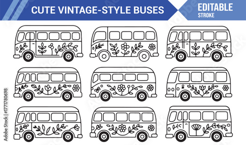 Retro Van Line Art Collection – Classic Hippie Bus Vector Illustrations