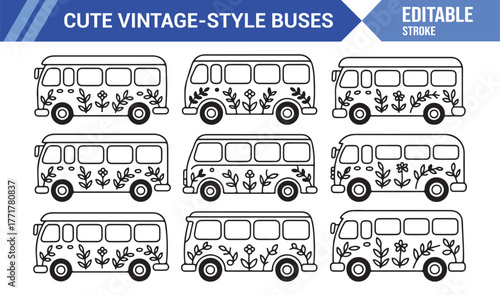 Decorative Floral Bus Icons – Hand Drawn Vector Vintage Camper Vans