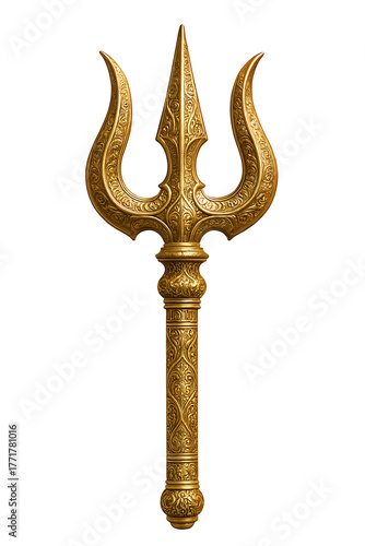  golden Trishula, the divine trident of the Hindu god Lord Shiva, featuring intricate filigree carvings, symbolizing creation, preservation, and destruction