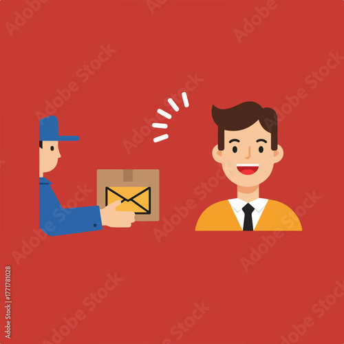 An illustrated delivery scene shows a courier handing a package to a smiling man against a red background