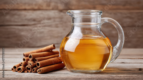 Warm, natural apple cider vinegar in glass pitcher with aromatic cinnamon stick on rustic wood background. healthy, organic, and fermented drink for detox and diet
