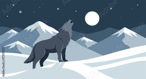 Wolf howling at the moon, in a snowy mountain landscape