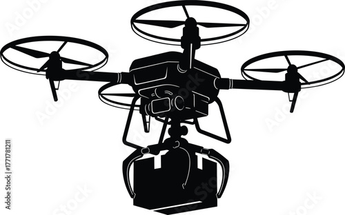 Drone with gripper arms and package for delivery cargo, drone, delivery, package, box, cargo, transportation, logistics, aerial, technology, future, automation, robotic, unmanned, aircraft, quadcopter