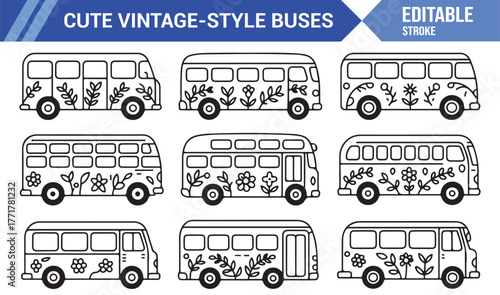 Vintage Camper Van Icons – Retro Floral Bus Line Art Vector Set