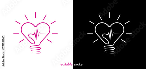Abstract editable stroke heart shape light bulb illustration with cardiogram, heartbeat line vector design to use for healthcare, business, healthy lifestyle, medical science illustration.