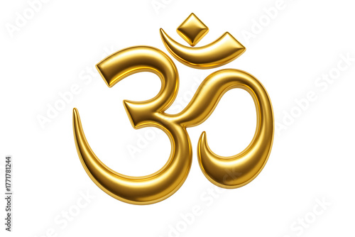 Hindu Spiritual Emblem Om in Metallic Gold, Meditation and Yoga Symbol,  3D Rendering