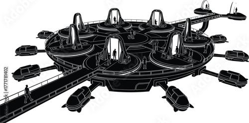 Futuristic circular transportation hub with pods and people, futuristic, transportation, hub, station, circular, platform, pods, vehicles, people, figures, silhouettes, architecture, modern, science f