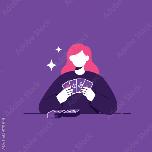 A figure with pink hair holds four playing cards, with two decks on a purple table. Stars shine