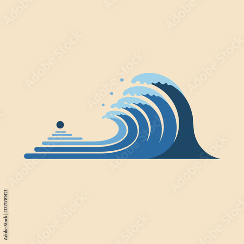 A stylized illustration depicting a wave with layers of blue, resembling a rising crest with a dot element