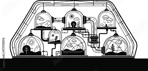 Futuristic greenhouse with miniature ecosystems in glass domes, greenhouse, futuristic, science, technology, ecosystem, nature, environment, research, development, innovation, biology, botany, agricul