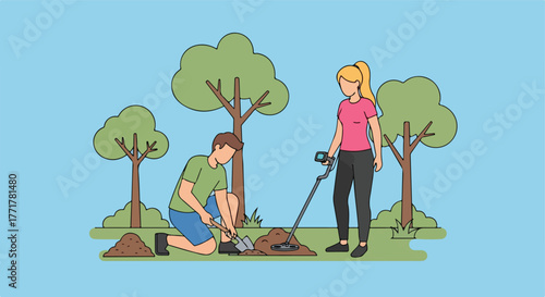 Couple metal detecting in a park with trees