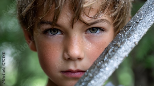 Close-up portrait of a young boy holding a shiny object outdoors with an intense expression