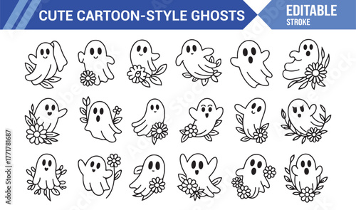Cartoon Ghost Vector Set – Cute and Scary Halloween Line Illustrations