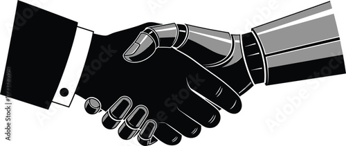 Human and Robot Handshake Agreement vector illustration, handshake, robot, human, hand, agreement, partnership, technology, business, connection, cooperation, future, artificial intelligence, mechanic