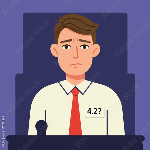 A man wearing a red tie in a white shirt looks anxious with "4.2?" printed on him