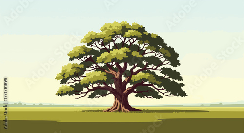 A lone, large tree stands majestically in a field, with a muted landscape in the background