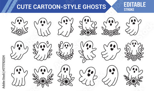 Cute Ghost Vector Icons – Adorable Halloween Cartoon Line Art Set