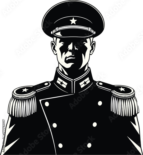 Military officer in uniform with epaulets and cap vector, military, officer, uniform, cap, hat, epaulets, insignia, star, medal, jacket, coat, buttons, collar, stern, serious, man, male, portrait, hea