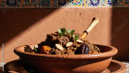 Maghrebi Cuisine - a traditional Moroccan tagine, featuring slow-cooked lamb with prunes and almonds. The tagine is placed on a rustic, handcrafted clay plate