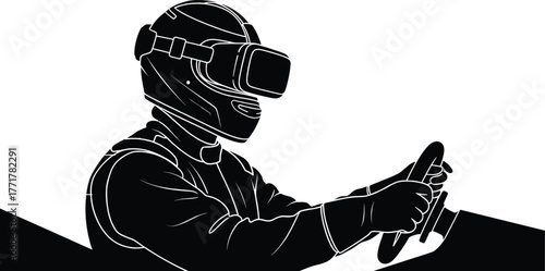 Racer in VR Helmet Holding Steering Wheel Silhouette, racer, driver, racing, virtual reality, vr, helmet, goggles, steering wheel, simulation, gaming, technology, future, digital, cyberspace, immersiv