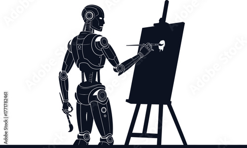 Robot artist applying white paint to canvas silhouette robot, artist, painting, easel, studio, imagination, workshop, miscellaneous, inspiration, illustration, brush., talent, applying, white, clean, 