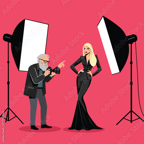 A photographer with a camera directs a model in a black dress under studio lights against a red backdrop