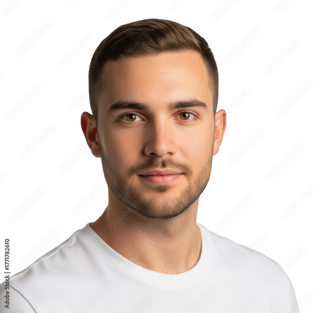Obraz premium A close up portrait of a young caucasian man with short brown hair and a light beard wearing a white t shirt isolated on transparent background