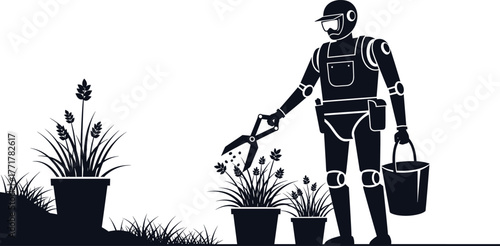 Robot gardener tending to plants with tools gardening, robot, gardener, gardening, plants, flowers, pruning, cutting, bucket, tools, technology, automation, future, nature, agriculture, horticulture, 