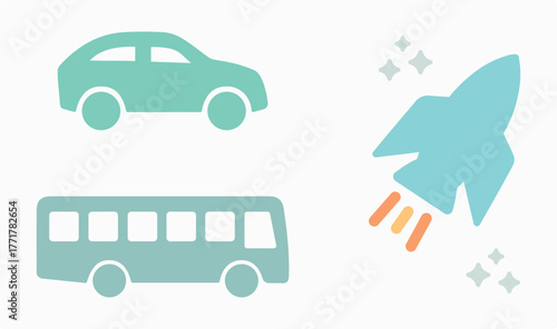 Collection, concept of transportation, urban, automobile, car, bus, rocket, space, star. Traffic, city, aerial, flight. Set, vector, icon, business, capital