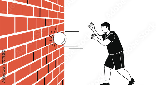 Ball smashing through a brick wall,  man about to catch