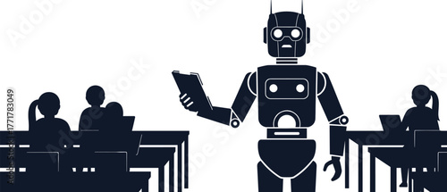 Robot teacher in classroom with students education, robot, teacher, classroom, students, education, learning, technology, artificial intelligence, school, lesson, futuristic, children, desks, laptops,