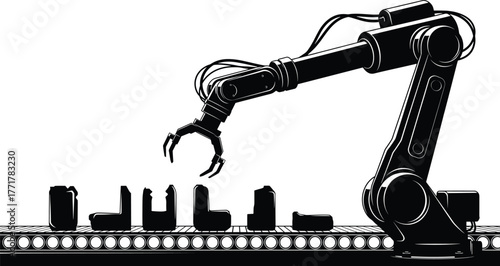 Robotic Arm on a Conveyor Belt manufacturing industry, robotic arm, conveyor belt, manufacturing, industry, automation, factory, production, assembly line, machine, technology, engineering, industrial