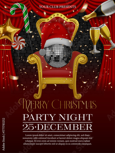 christmas party night poster with red and gold throne and disco ball  with santa claus hat. christmas party flyer with party balloons