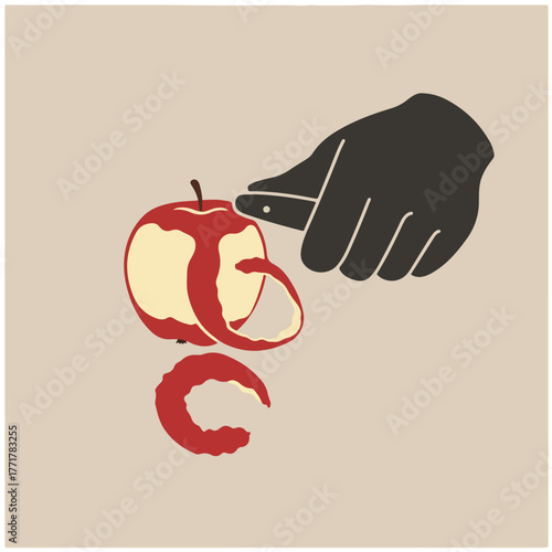 A minimalist illustration of an apple being peeled by a dark hand with a neutral background