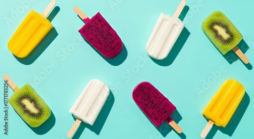 The composition features magenta and creamy white ice pops casting soft shadows, creating a playful, refreshing, and summery aesthetic.